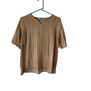 Vintage‎ Caravan Beige Striped Cotton Top Short Sleeve Boho Shirt Size M
